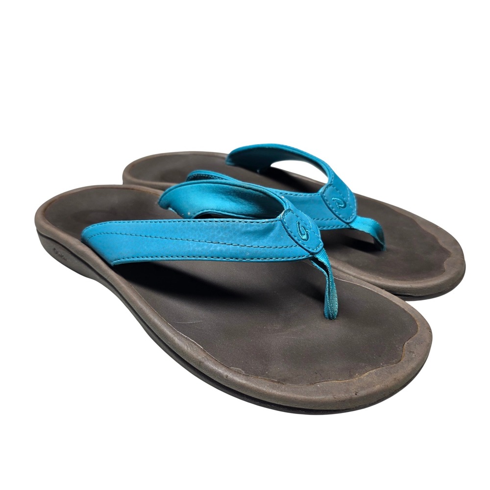Olukai Ohana Womens Flip Flops Size 8 Blue Turquoise Brown Thong Sandals 20110